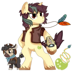 Size: 1090x1070 | Tagged: safe, artist:dbkit, derpibooru import, oc, oc:beauregard peep, oc:juniper jewel, unofficial characters only, pony, bipedal, clothes, feather, gun, hat, jacket, necklace, offspring, parent:braeburn, parent:rarity, parents:rariburn, simple background, transparent background, weapon