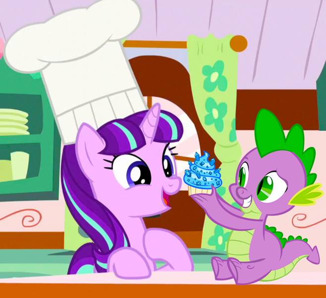 Size: 1500x1368 | Tagged: safe, derpibooru import, edit, edited screencap, screencap, spike, starlight glimmer, dragon, pony, unicorn, the cutie re-mark, chef's hat, cupcake, cute, female, food, glimmerbetes, hat, kitchen, male, mare, sapphire, sapphire cupcake, shipping, smiling, sparlight, straight, vector