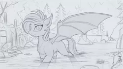 Size: 1280x720 | Tagged: safe, artist:yakovlev-vad, derpibooru import, oc, unofficial characters only, bat pony, pony, forest, grayscale, monochrome, river, sketch, solo, wip