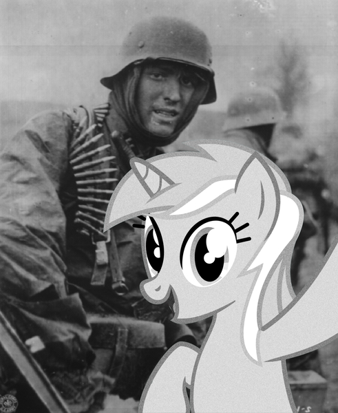 Size: 1232x1505 | Tagged: semi-grimdark, deleted from derpibooru, derpibooru import, lyra heartstrings, human, pony, unicorn, black and white, bullet, cute, female, german, grayscale, grimcute, irl, irl human, looking at you, lyrabetes, mare, nazi, photo, ponies in real life, selfie, smiling, smiling at you, soldier, vector, world war ii