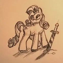 Size: 1174x1184 | Tagged: artist:post-it, derpibooru import, eyepatch, monochrome, rarity, safe, solo, sword, sword rara, traditional art, weapon