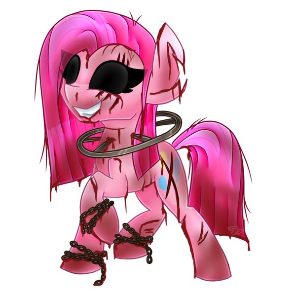 Size: 4000x4000 | Tagged: amnesia, amnesia the dark descent, artist:partylikeanartist, black sclera, blood, chains, creepy, creepypasta, creepy smile, cut, derpibooru import, grimdark, impalement, pinkie pie, scar, scary, simple background, solo, transparent background