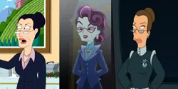 Size: 1080x540 | Tagged: safe, derpibooru import, edit, screencap, principal abacus cinch, equestria girls, friendship games, american dad, comparison, crossover, ellen riggs, futurama, glasses, hair bun, morgan proctor, separated at birth