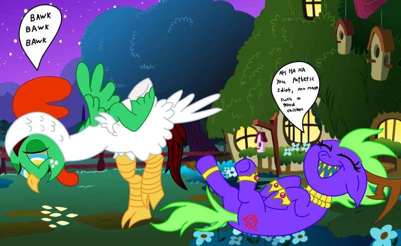 Size: 3043x1869 | Tagged: artist:insanespyro, chicken, chicken suit, clothes, derpibooru import, fluttershy's cottage, mind control, oc, oc:midnight devilwitch, oc:northern haste, pecking, questionable, unofficial characters only