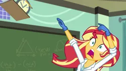 Size: 1280x720 | Tagged: safe, derpibooru import, screencap, sunset shimmer, equestria girls, the science of magic, chalkboard, clipboard, dab, falling, pencil, solo, sunset the science gal