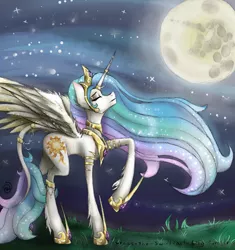 Size: 1600x1700 | Tagged: artist:cross-the-swirl, classical unicorn, derpibooru import, eyes closed, jewelry, leonine tail, mare in the moon, moon, night, princess celestia, raised hoof, safe, solo, spread wings