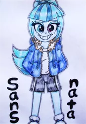 Size: 1011x1451 | Tagged: safe, artist:blazingdazzlingdusk, derpibooru import, sonata dusk, equestria girls, rainbow rocks, clothes, comic sans, cosplay, costume, crossover, drawing, grin, looking at you, sans (undertale), solo, traditional art, undertale