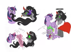 Size: 840x619 | Tagged: safe, artist:merrypaws, derpibooru import, king sombra, spike, twilight sparkle, twilight sparkle (alicorn), alicorn, pony, umbrum, unicorn, :p, bedroom eyes, eating, eye contact, female, frown, glare, grin, halo, innocent, looking at each other, male, mare, puffy cheeks, scissors, shadow, shipping, simple background, smiling, smirk, stallion, straight, tentacle hair, tentacles, tongue out, twibra, white background, wide eyes