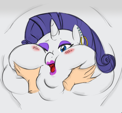 Size: 394x364 | Tagged: artist:redintravenous, blob, blobface, blushing, blushing profusely, chubby cheeks, close-up, derpibooru import, disembodied hand, double chin, fat, fondling, hand, hooker night, lipstick, makeup, obese, offscreen character, questionable, raritubby, rarity