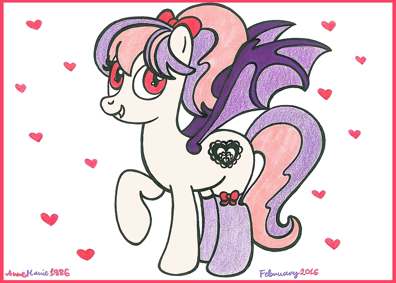Size: 1024x731 | Tagged: safe, artist:annemarie1986, derpibooru import, oc, oc:sweet velvet, unofficial characters only, bat pony, pony, bow, clothes, hair bow, heart, socks, solo, traditional art