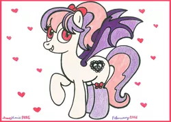 Size: 1024x731 | Tagged: safe, artist:annemarie1986, derpibooru import, oc, oc:sweet velvet, unofficial characters only, bat pony, pony, bow, clothes, hair bow, heart, socks, solo, traditional art