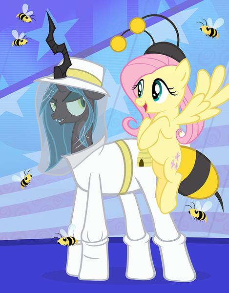 Size: 703x900 | Tagged: animal costume, artist:pixelkitties, bee costume, beekeeper, clothes, costume, derpibooru import, flutterbee, fluttershy, queen chrysalis, safe