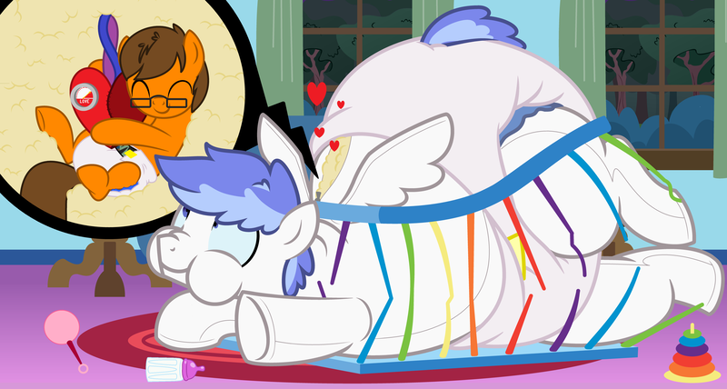 Size: 9900x5300 | Tagged: absurd resolution, adult foal, artist:evilfrenzy, derpibooru import, diaper, diaper fetish, fat, inflation, oc, oc:scamper heart, oc:white, plushie, poofy diaper, questionable, unofficial characters only