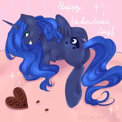 Size: 2000x2000 | Tagged: artist:blowfishartist, chocolate, chocoluna, derpibooru import, food, grin, luna loves chocolate, moonbutt, plot, princess luna, prone, safe, solo, that pony sure does love chocolate, valentine's day