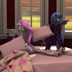 Size: 2500x2500 | Tagged: safe, artist:tahublade7, derpibooru import, princess celestia, princess luna, anthro, plantigrade anthro, 3d, bed, cewestia, clothes, cute, daz studio, image, nightgown, pajamas, pillow fight, pink-mane celestia, png, woona, younger