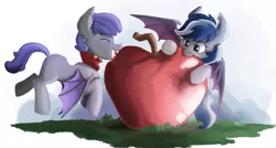 Size: 1600x857 | Tagged: safe, artist:saxopi, derpibooru import, oc, oc:daturea eventide, oc:gladiolus, unofficial characters only, bat pony, pony, apple, cute, food, giant apple