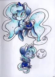 Size: 1434x2004 | Tagged: safe, artist:cutepencilcase, derpibooru import, princess luna, chibi, magic, moon, solo, traditional art