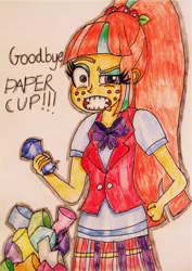 Size: 992x1405 | Tagged: safe, artist:blazingdazzlingdusk, derpibooru import, sour sweet, equestria girls, friendship games, angry, clothes, crystal prep academy uniform, crystal prep shadowbolts, drawing, gritted teeth, looking at you, paper cup, requested art, school uniform, solo, text, traditional art