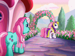 Size: 640x480 | Tagged: accidental kiss, animated, a very pony place, derpibooru import, g3, minty, pinkie pie, pinkie pie (g3), positively pink, puzzlemint, safe, screencap, shipping fuel, sparkles, sparkleworks