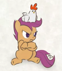 Size: 505x576 | Tagged: artist:noxdrachen, chicken, crossed arms, cute, derpibooru import, grumpy, safe, scootaloo, solo