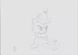 Size: 800x566 | Tagged: artist:noxdrachen, chicken, crossed arms, derpibooru import, monochrome, safe, scootaloo, sketch, solo, traditional art