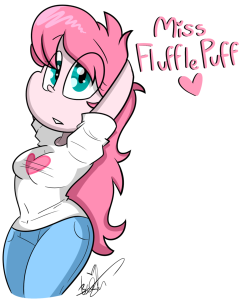 Size: 1653x2056 | Tagged: suggestive, artist:befishproductions, derpibooru import, oc, oc:fluffle puff, unofficial characters only, equestria girls, breasts, busty fluffle puff, clothes, equestria girls-ified, female, jeans, pants, signature, simple background, solo, transparent background