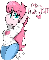 Size: 1653x2056 | Tagged: suggestive, artist:befishproductions, derpibooru import, oc, oc:fluffle puff, unofficial characters only, equestria girls, breasts, busty fluffle puff, clothes, equestria girls-ified, female, jeans, pants, signature, simple background, solo, transparent background