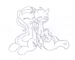 Size: 2396x1950 | Tagged: safe, artist:seenty, derpibooru import, trixie, changeling, pony, unicorn, blushing, cuddling, female, male, mare, monochrome, pencil drawing, pregnant, shipping, snuggling, straight, traditional art