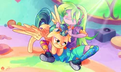 Size: 1920x1136 | Tagged: safe, artist:halem1991, derpibooru import, indigo zap, lemon zest, ponified, pegasus, pony, equestria girls, friendship games, crepuscular rays, drumming, equestria girls ponified, eyes closed, lip bite, spread legs, spreading