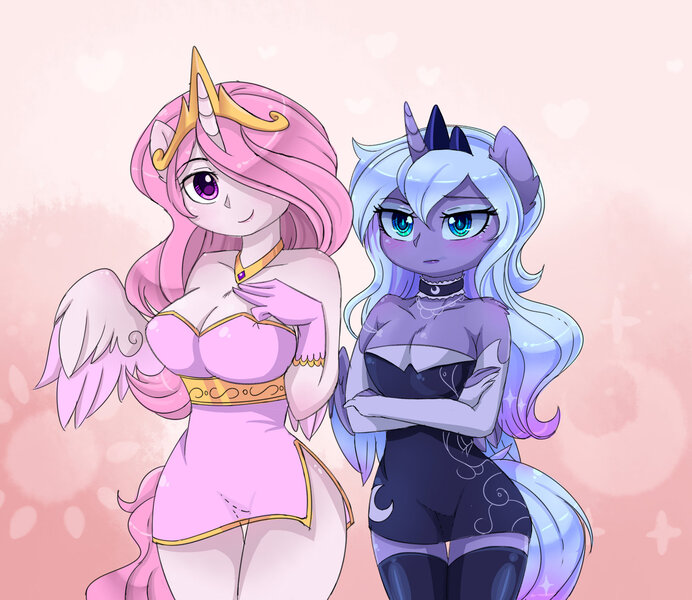 Size: 1600x1388 | Tagged: suggestive, artist:magnaluna, derpibooru import, princess celestia, princess luna, anthro, big breasts, blushing, breasts, busty princess celestia, choker, cleavage, clothes, crossed arms, cute, cutelestia, dress, ear fluff, evening gloves, female, gloves, hair over one eye, looking at you, lunabetes, pink-mane celestia, s1 luna, shepherd0821-ish, short skirt, shoulder fluff, side slit, skirt, smiling, socks, style emulation, thigh gap, thigh highs, younger, zettai ryouiki