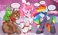 Size: 3600x2139 | Tagged: safe, artist:blackbewhite2k7, derpibooru import, gummy, pinkie pie, rainbow dash, crocodile, earth pony, hyena, pegasus, batman, batman the animated series, bruce wayne, bud, clothes, harley quinn, riding, roller skates, scrunchy face, shorts, squint