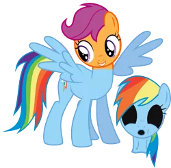 Size: 980x960 | Tagged: clothes, costume, derpibooru import, disguise, edit, mask, masking, pony costume, ponysuit, rainbow dash, rainbow dash suit, safe, scootaloo, skinsuit