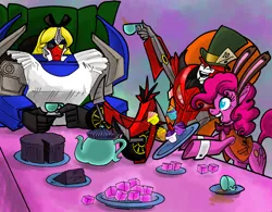 Size: 2183x1700 | Tagged: alice in wonderland, artist:envyskort, breakdown, crossover, derpibooru import, energon, knock out, mad hatter, march hare, pinkie pie, safe, transformers, transformers prime