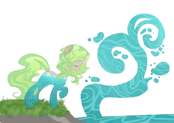 Size: 3541x2508 | Tagged: safe, artist:xsidera, derpibooru import, oc, oc:icy waters, unofficial characters only, earth pony, original species, pony, earth pony magic, female, grass, green hair, hill, magic, mare, rock, simple background, solo, transparent background, water