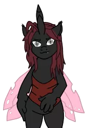 Size: 447x675 | Tagged: artist needed, safe, derpibooru import, oc, oc:invictia sadie, unofficial characters only, anthro, changeling, changeling oc, colored, looking at you, red changeling, simple background, solo