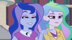 Size: 1280x720 | Tagged: safe, derpibooru import, screencap, princess celestia, princess luna, equestria girls, friendship games, cheshire grin, grin, lidded eyes, pointing, principal celestia, reaction image, smiling, smug smile, smuglestia, vice principal luna