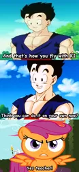 Size: 393x850 | Tagged: crossover, derpibooru import, dragon ball z, edit, gohan, safe, scootaloo, screencap, screencap comic, son gohan, wrong aspect ratio