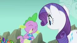 Size: 1024x576 | Tagged: safe, derpibooru import, screencap, rarity, spike, dragon, pony, unicorn, a dog and pony show, cute, eyes closed, fangs, female, gem, holding, male, mare, open mouth, spikabetes