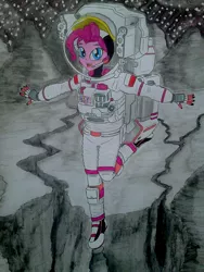 Size: 960x1280 | Tagged: safe, artist:metaldudepl666, derpibooru import, part of a set, pinkie pie, equestria girls, astronaut, astronaut pinkie, chasm, cracks, drawing, looking at you, poland, solo, space, spacesuit, traditional art