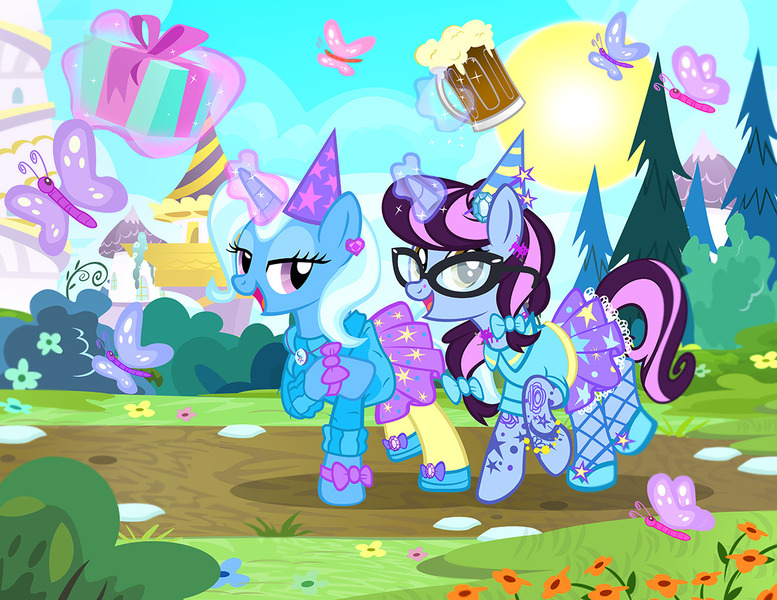 Size: 1200x927 | Tagged: safe, artist:pixelkitties, derpibooru import, trixie, oc, oc:pixelkitties, butterfly, pony, unicorn, alcohol, beer, birthday, clothes, fishnets, food, glasses, hat, levitation, looking at you, magic, open mouth, pantyhose, party hat, present, raised hoof, shoes, skirt, sun, telekinesis