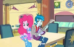 Size: 1492x948 | Tagged: safe, derpibooru import, pinkie pie, thunderbass, equestria girls, background human, boots, bracelet, cafeteria, electric guitar, guitar, high heel boots, jewelry, pinkiebass, shipping