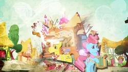 Size: 1920x1080 | Tagged: safe, artist:firestorm-can, artist:jeatz-axl, artist:templarhappy, artist:totalcrazyness101, derpibooru import, edit, carrot cake, cup cake, grunge, lens flare, lobby, plate, present, sugarcube corner, treats, vector, wallpaper, wallpaper edit