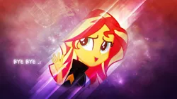 Size: 2560x1440 | Tagged: safe, artist:luckreza8, artist:shaakuras, derpibooru import, sunset shimmer, equestria girls, abstract background, looking over shoulder, text, vector, wallpaper, waving