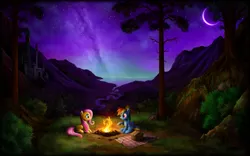 Size: 3466x2160 | Tagged: artist:empalu, campfire, castle, crescent moon, derpibooru import, fluttershy, galaxy, milky way galaxy, moon, night, picnic, rainbow dash, safe, scenery, stars