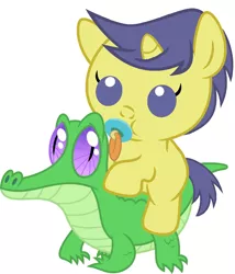 Size: 786x917 | Tagged: safe, artist:red4567, derpibooru import, comet tail, gummy, pony, baby, baby pony, cute, pacifier, ponies riding gators, recolor, riding, weapons-grade cute