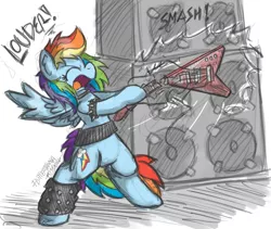 Size: 1200x1011 | Tagged: amplifier, artist:flutterthrash, derpibooru import, electric guitar, flying v, guitar, heavy metal, leg warmers, rainbow dash, request, safe, solo