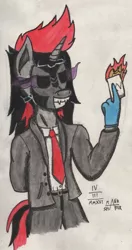 Size: 650x1227 | Tagged: anthro, artist:mane-shaker, card, clothes, colored, crossover, derpibooru import, king sombra, mask, necktie, oc, oc:mane shaker, payday, payday 2, safe, solo, suit, traditional art