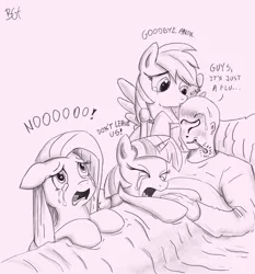 Size: 1500x1611 | Tagged: safe, artist:bgf, derpibooru import, pinkie pie, rainbow dash, twilight sparkle, twilight sparkle (alicorn), oc, oc:anon, alicorn, human, pony, anon in equestria, anonymous, backwards thermometer, bed, big no, crying, dialogue, eyes closed, floppy ears, funny, kissing, open mouth, overreaction, pinkamena diane pie, sad, screaming, sick, sweat, thermometer