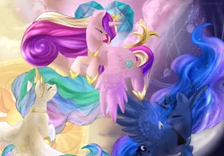 Size: 4300x3000 | Tagged: artist:segraece, derpibooru import, eyes closed, flying, princess cadance, princess celestia, princess luna, redraw, safe, smiling, spread wings