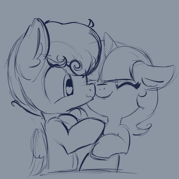 Size: 1000x1000 | Tagged: safe, artist:ratiodaze, derpibooru import, oc, oc:ratio daze, unofficial characters only, pony, unicorn, colt, cute, female, filly, kissing, male, sketch